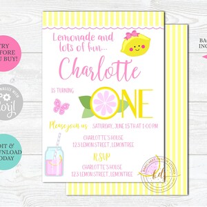 May include: A yellow and white striped printable invitation for a first birthday party. The invitation features a cartoon lemon with a pink bow and the text "Lemonade and lots of fun... Charlotte is turning ONE".