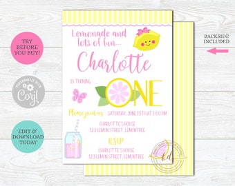 May include: A yellow and white striped printable invitation for a first birthday party. The invitation features a cartoon lemon with a pink bow and the text "Lemonade and lots of fun... Charlotte is turning ONE".