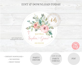 Floral Baptism Favor Tag: Editable Party Circle (Digital Download)