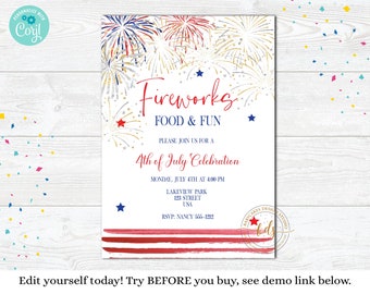 May include: A festive invitation for a 4th of July celebration. The design features fireworks in red, white, and blue, with the text "Fireworks, Food & Fun." Details include the date, time, and location. The bottom has red and white stripes.