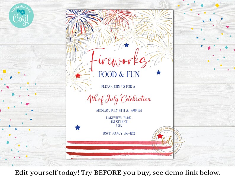 Pode incluir: Um convite festivo para uma celebra&ccedil;&atilde;o de 4 de julho. O design apresenta fogos de artif&iacute;cio em vermelho, branco e azul, com o texto "Fireworks, Food & Fun". Os detalhes incluem a data, hora e local. A parte inferior tem listras vermelhas e brancas.