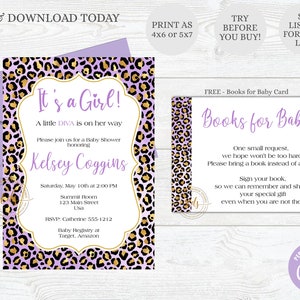 Op de afbeelding: Paarse en gouden babyborrel uitnodiging met een luipaardprint achtergrond. De uitnodiging zegt "Het is een meisje!" en bevat de naam "Kelsey Coggins". De uitnodiging bevat ook de datum, tijd en locatie van de babyborrel. Een aparte kaart zegt "Boeken voor Baby" en vraagt gasten om een boek mee te nemen in plaats van een kaart.