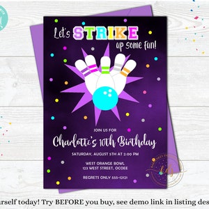 May include: A purple birthday invitation card featuring the text Let's STRIKE up some fun! with a graphic of white bowling pins and a bright blue bowling ball. The card includes details for Charlotte's 10th Birthday on Saturday, August 5th at 2:00 PM.
