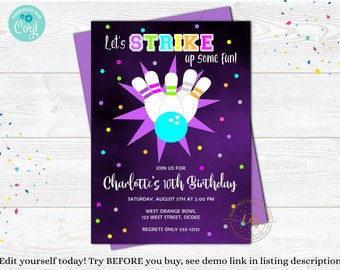 Editable Galaxy Bowling Birthday Party Invitation, Invite, Digital, Printable