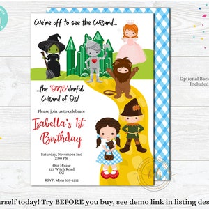 Invitación de cumpleaños del Mago de Oz de Onederful, invitación, publicación digital, imprimible, editable y sin papel