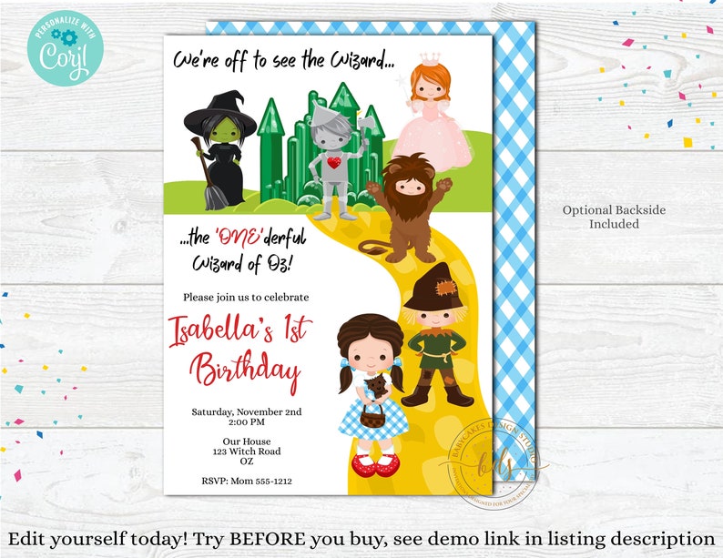 Onederful Wizard of Oz Birthday Invitation, Invite, digital, printable, Editable, paperless post image 1