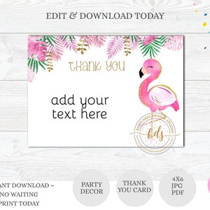 Editable Flamingo Birthday Thank You Card, printable, instant download