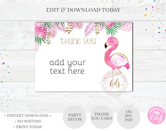 Editable Flamingo Birthday Thank You Card, printable, instant download