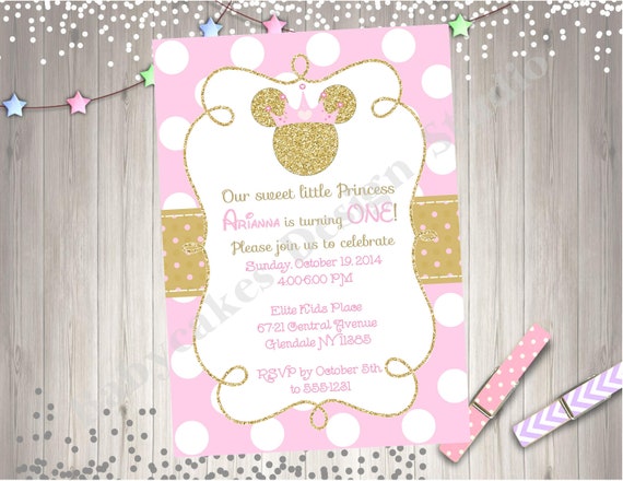 Pink And Gold Princess Minnie Mouse Birthday Party Invitation Etsy