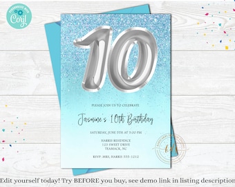 Editable Tween Birthday Invitation, Quinceanera, 13th birthday, Blue Silver, Digital, printable invite