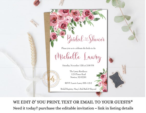 Floral Bridal Shower Invitation Blush Burgundy, Wedding Shower Invitation, Invite Rehearsal, Save the Date, Digital Printable Il_570xn