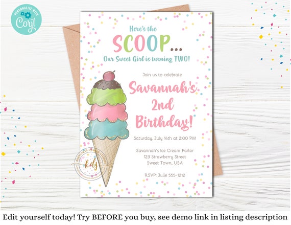 Editable Ice Cream Party Invitation, Invite, Digital, Download, Printable, Ice Cream Social Il_570xn