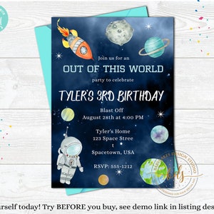 Editable Astronaut Space Birthday Invitation, Invite, Rocket ship, Printable, Digital, Instant Download