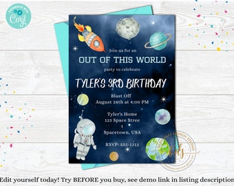 Editable Astronaut Space Birthday Invitation, Invite, Rocket ship, Printable, Digital, Instant Download