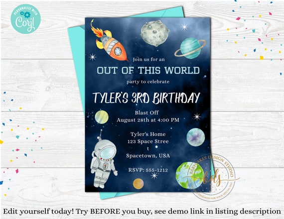Editable Astronaut Space Birthday Invitation, Invite, Rocket ship, Printable, Digital, Instant Download Il_570xn