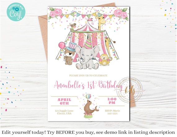 Editable Girl Pastel Circus Birthday Invitation, Pink Carnival invite, Digital, Printable Il_570xn
