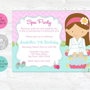 Editable Spa Party Birthday Invitation, Spa Birthday Party Invite, Printable, Digital, CHOOSE YOUR GIRL