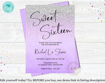 Editable Sweet Sixteen Birthday Party Invitation, Invite, Printable, Digital, Sweet 16