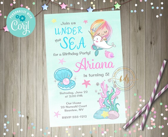 Mermaid Narwal Birthday Invitation, Invite, Editable Invitation Il_570xn