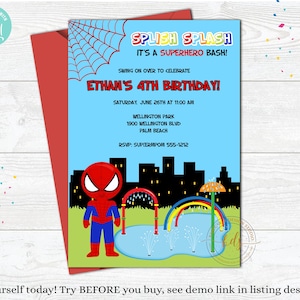 Editable Spiderman Splash Pad Birthday Party Invitation, invite, Digital, Printable, Download