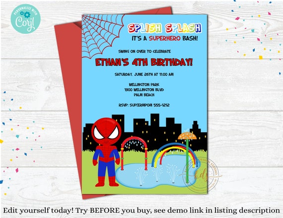 Editable Spiderman Splash Pad Birthday Party Invitation, invite, Digital, Printable, Download Il_570xn