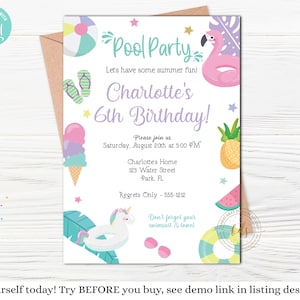 Puede incluir: Una invitación colorida para una fiesta en la piscina con un flotador de flamenco rosa, un cono de helado y un flotador de unicornio. La invitación dice "Pool Party" y "Charlotte's 6th Birthday!" con detalles sobre la fiesta, incluyendo la fecha, la hora y la ubicación.