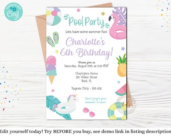 Editable Pastel Pool Party Birthday Invitation, Invite, digital, printable, download