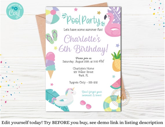 Editable Pastel Pool Party Birthday Invitation, Invite, digital, printable, download Il_570xn