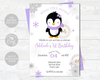 May include: A birthday invitation card featuring a cartoon penguin wearing a purple polka dot scarf and bow. The text reads Winter ONE-derland, Adelaide's 1st Birthday, December 04, 1:00 PM, Adelaide's Igloo, 123 Frost Street, Frozen Lake, RSVP Mom 555-2323.