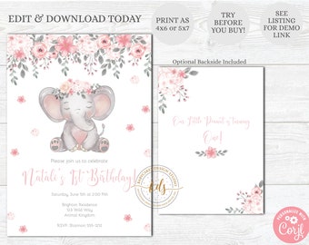 Editable Elephant Girl Birthday Invitation, Invite, 1st birthday, Any Age, Digital, Printable, Instant Download