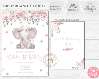 Editable Elephant Girl Birthday Invitation, Invite, 1st birthday, Any Age, Digital, Printable, Instant Download