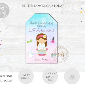 Editable Spa Birthday Favor Tags, Personalized Gift Tag (Digital)