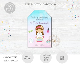 Editable Spa Birthday Favor Tags, Personalized Gift Tag (Digital)