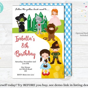 Invitación editable a la fiesta de cumpleaños del Mago de Oz, invitación, publicación digital, imprimible y sin papel