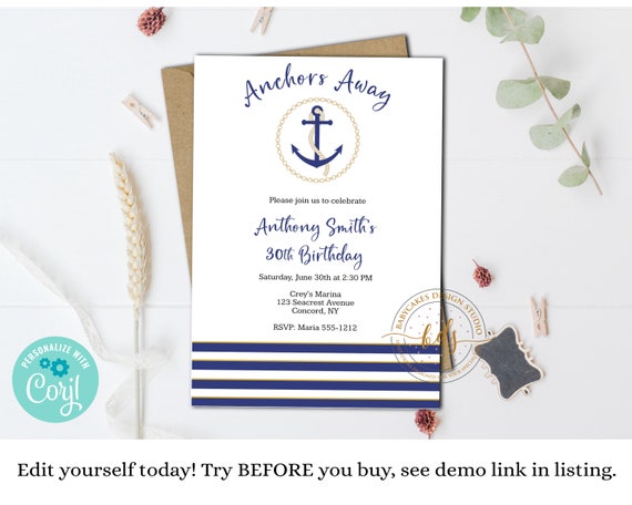Editable Nautical Birthday Invitation, Invite, Anchor, Digital, Printable Il_570xn