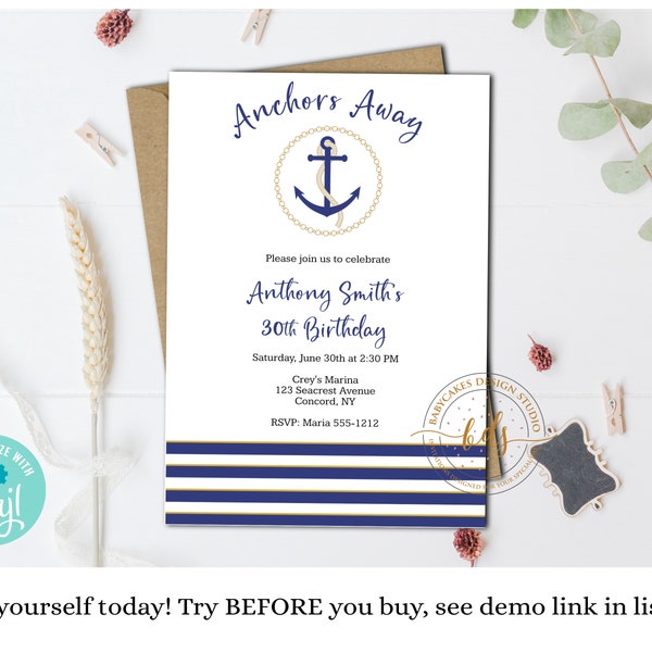 Editable Nautical Birthday Invitation, Invite, Anchor, Digital, Printable