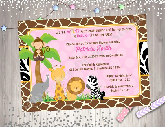 Girl Safari Jungle Animals Baby Shower Invitation Invite Baby