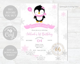 Editable Girl 1st Birthday Invitation, Winter Onederland Invite, Printable, Digital