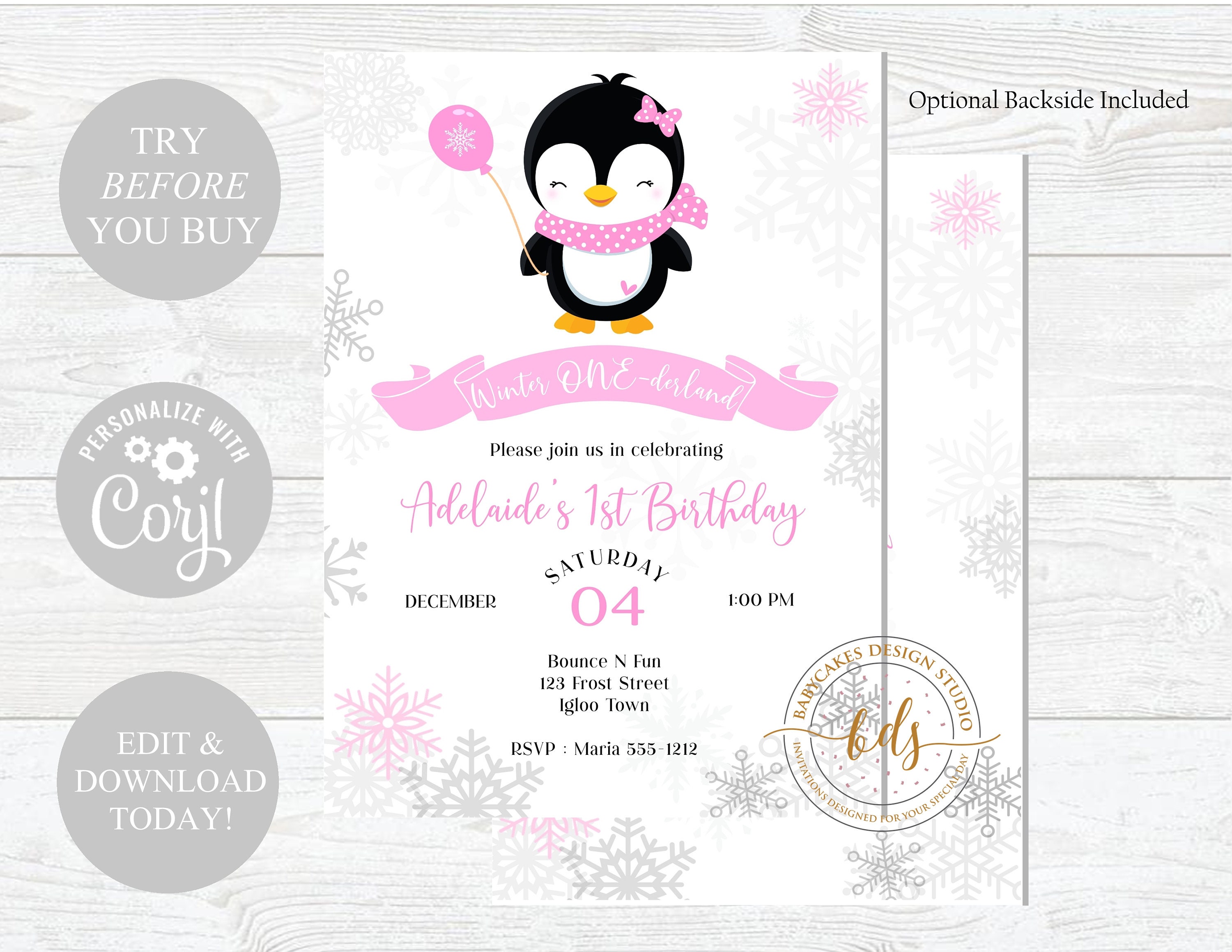 Editable Girl 1st Birthday Invitation Winter Onederland Invite Printable Digital