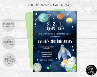 Editable Space Birthday Invitation, Invite, Rocket ship, Printable, Digital, Instant Download