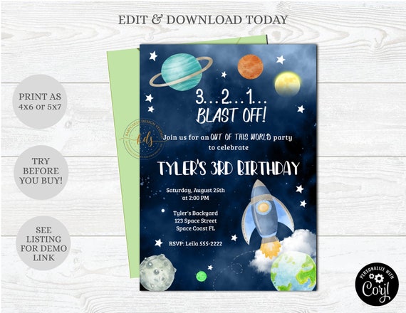 Editable Space Birthday Invitation, Invite, Rocket ship, Printable, Digital, Instant Download Il_570xn