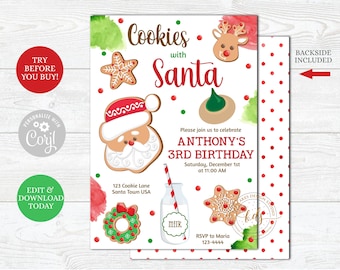 Könnte beinhalten: Eine Weihnachts-Geburtstagseinladung mit rotem und weißem Polka-Dot-Hintergrund. Die Einladung zeigt ein Weihnachtsmann-Kekse, ein Rentier-Kekse und eine Milchflasche mit einem roten und weißen Strohhalm. Der Text auf der Einladung lautet "Cookies with Santa" und "Anthony's 3rd Birthday".
