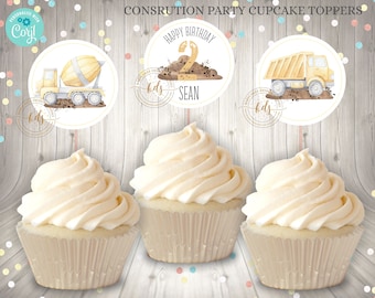 Editable Construction Trucks Cupcake Toppers, printable, digital