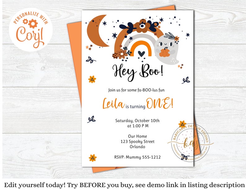 May include: A printable Halloween-themed first birthday party invitation with a cute ghost illustration. The invitation features a rainbow, stars, and the text "Hey Boo!" and "Leila is turning ONE!"