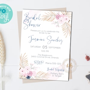 Puede incluir: Una invitación de ducha nupcial azul claro y blanco con un diseño floral de acuarela. La invitación incluye el texto "Bridal Shower", "Please join us to celebrate the bride-to-be", "Jasmine Sanchez", "Saturday 05 September", "1:00 PM", "The Breakroom", "2400 Colonial Drive, Orlando", "RSVP Maria 555-1212", "Bridal Registry", "Pottery Barn & Target".