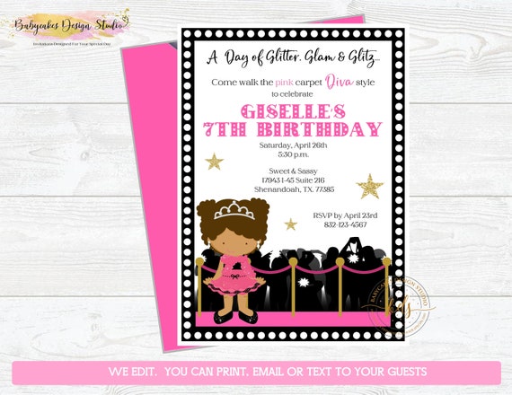 Little Diva Pink Carpet Birthday Party Invitation, invite, digital, printable, CHOOSE YOUR GIRL Il_570xn