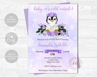 Editable Girl Penguin Snowflake Baby Shower Invitation, Baby Sprinkle, Invite, Digital, Printable