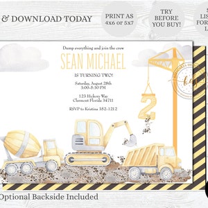 May include: Construction themed birthday invitation with a yellow and gray watercolor illustration of a crane lifting a number two, a cement mixer truck, a bulldozer, and a dump truck. The invitation is for Sean Michael's second birthday party. The text on the invitation reads "Dump everything and join the crew Sean Michael is turning two! Saturday, August 28th 3:00-5:30 PM 123 Hickory Way Clermont Florida 34711 RSVP to Kristina 352-1212"