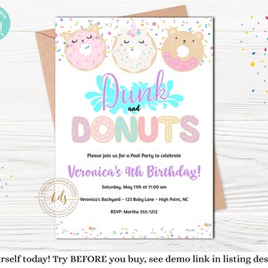 Editable Dunk and Donuts Birthday Party Invitation, Invite, Donut Pool Party, Digital, Printable