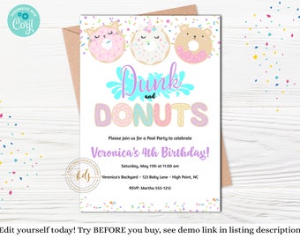 May include: A rectangular invitation card featuring three cartoon animal-shaped donuts at the top, with the text Dunk and DONUTS in blue and pastel colors. The card includes event details for Veronica's 4th Birthday party on May 11th at 11:00 am.